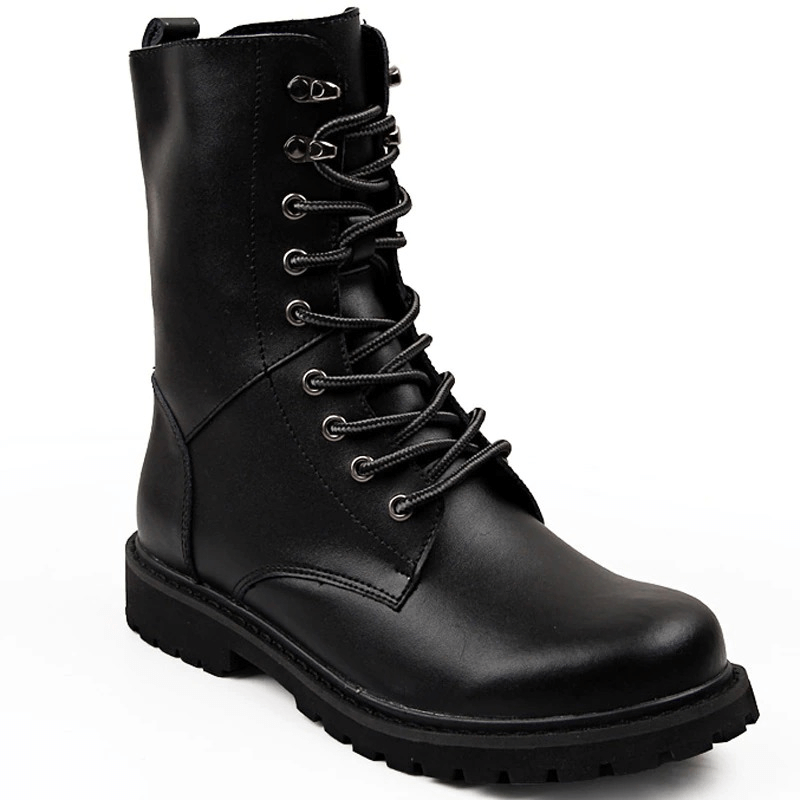 Men's black combat boots, lace-up mid-calf moto style, durable leather tactical footwear for casual outfits.