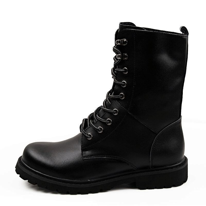 Men's black combat boots with lace-up design and mid-calf height, perfect for casual and tactical wear.