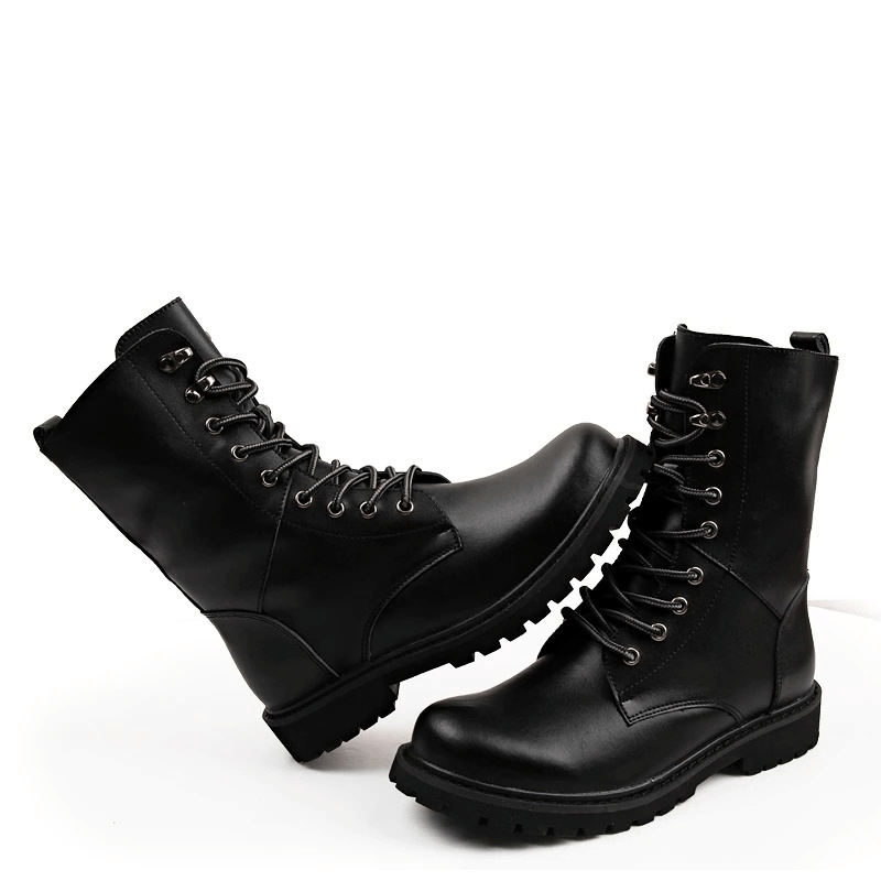 Men's Black Combat Boots / Lace-up Mid-calf Moto Boots / Leather Tactical Footwear