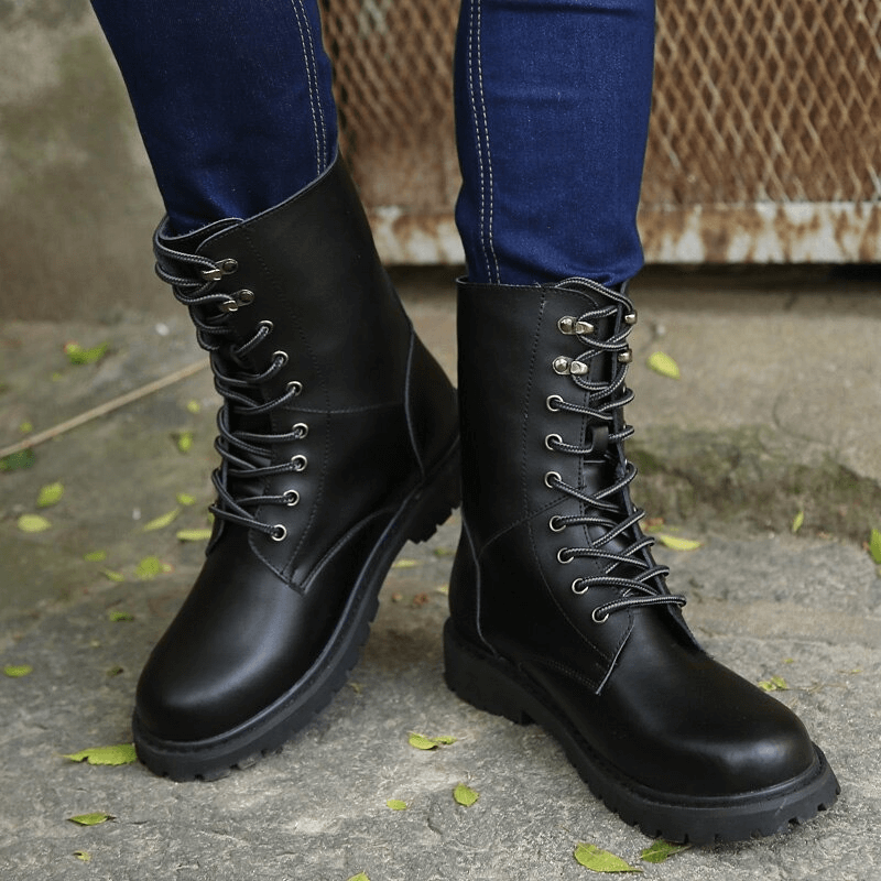 Men's black lace-up combat boots with a modern design, perfect for casual wear and tactical style.