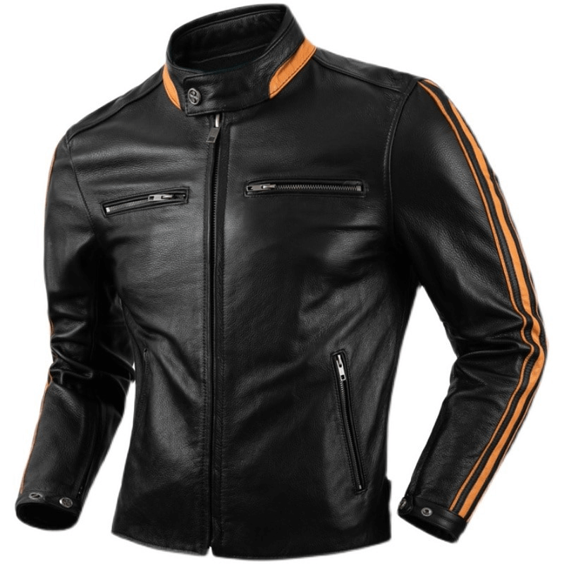 Men's black genuine leather motorcycle jacket with orange stripes and stand collar for a stylish look.
