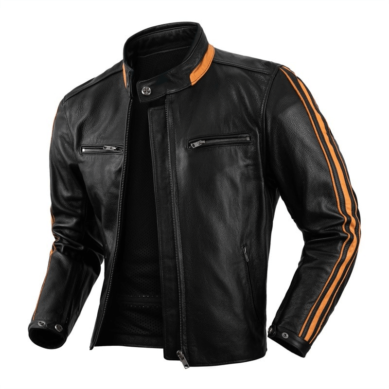 Men's black genuine leather motorcycle jacket with stylish orange stripes and stand collar.