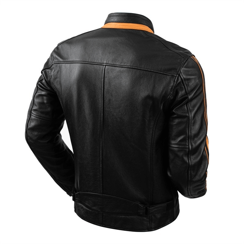 Men's black genuine leather motorcycle jacket with stylish orange accents, showcasing a fashionable back view.