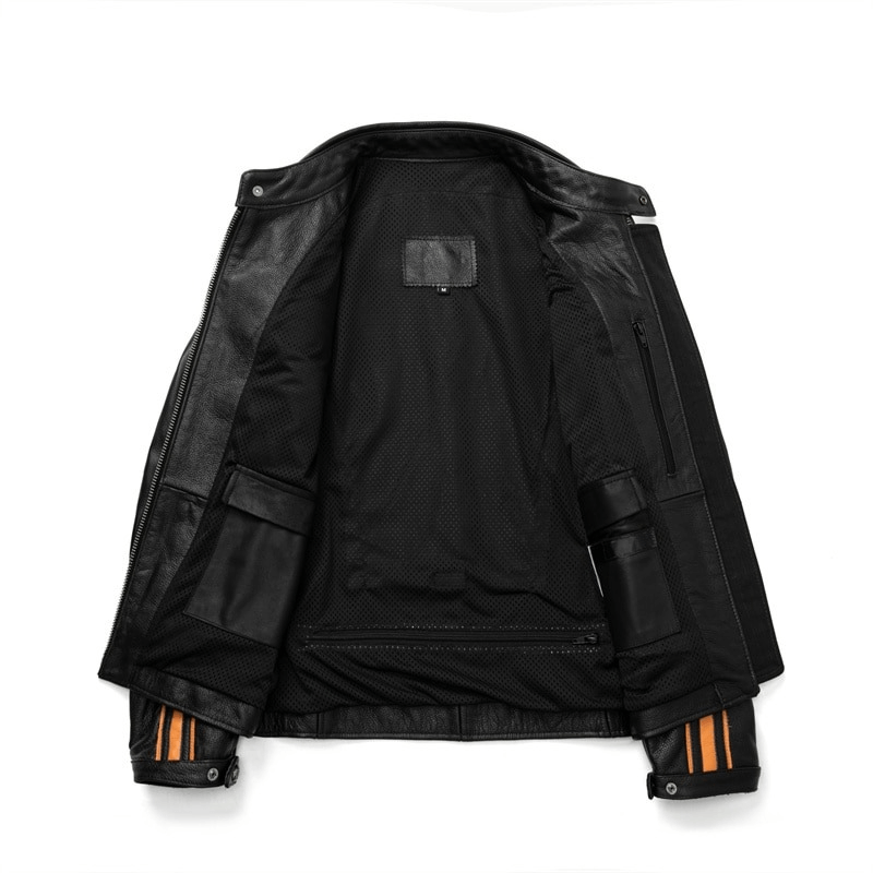 Interior view of a men's black genuine leather motorcycle jacket with stylish mesh lining and orange accents.