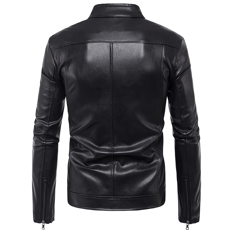 Men's black PU leather jacket with rivets, stylish biker design, back view showcasing quality craftsmanship.