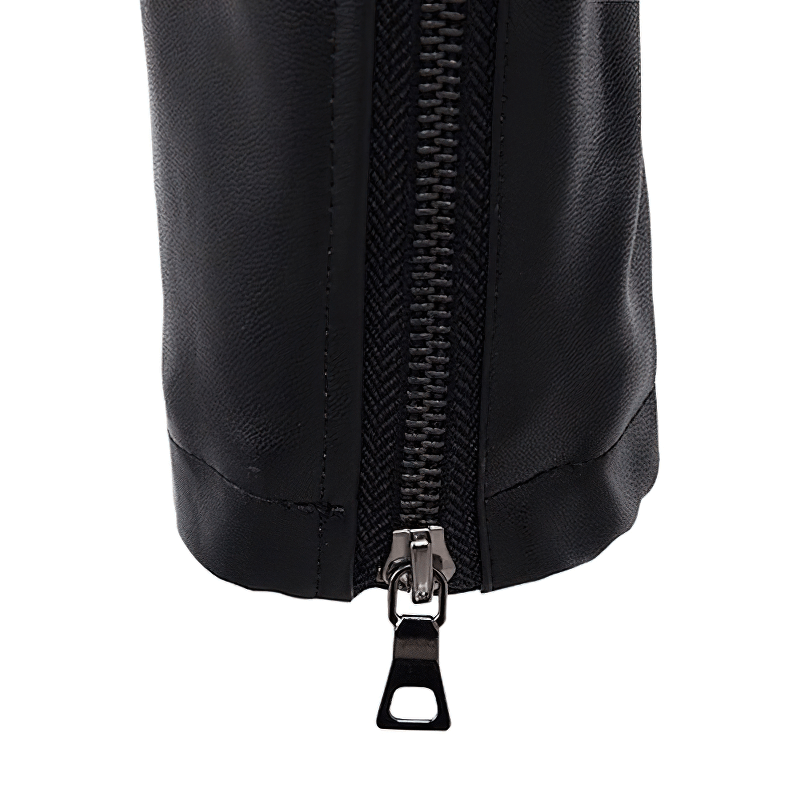 Close-up view of the zipper on a stylish men's black PU leather biker jacket.