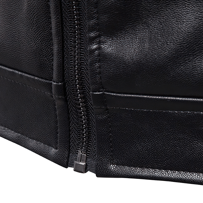 Close-up of the zipper detail on a men's black PU leather motorcycle jacket with rivets.
