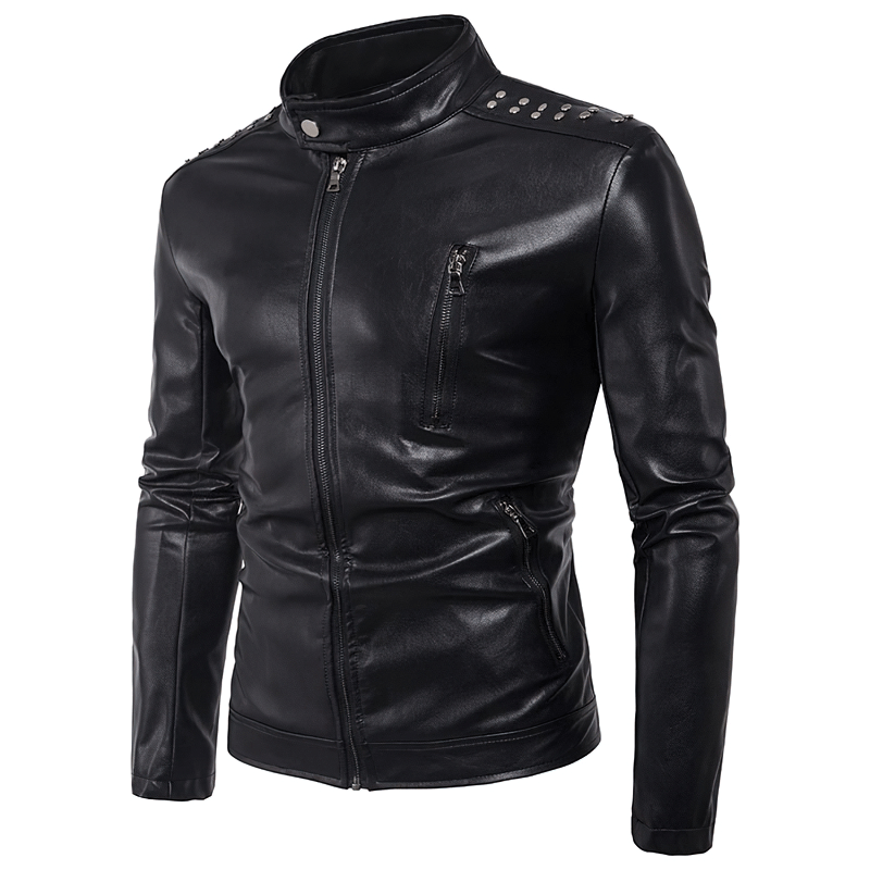 Men's Black Zipper PU Leather Jacket with Rivets / Motorcycle Biker Male Stand Collar Jackets