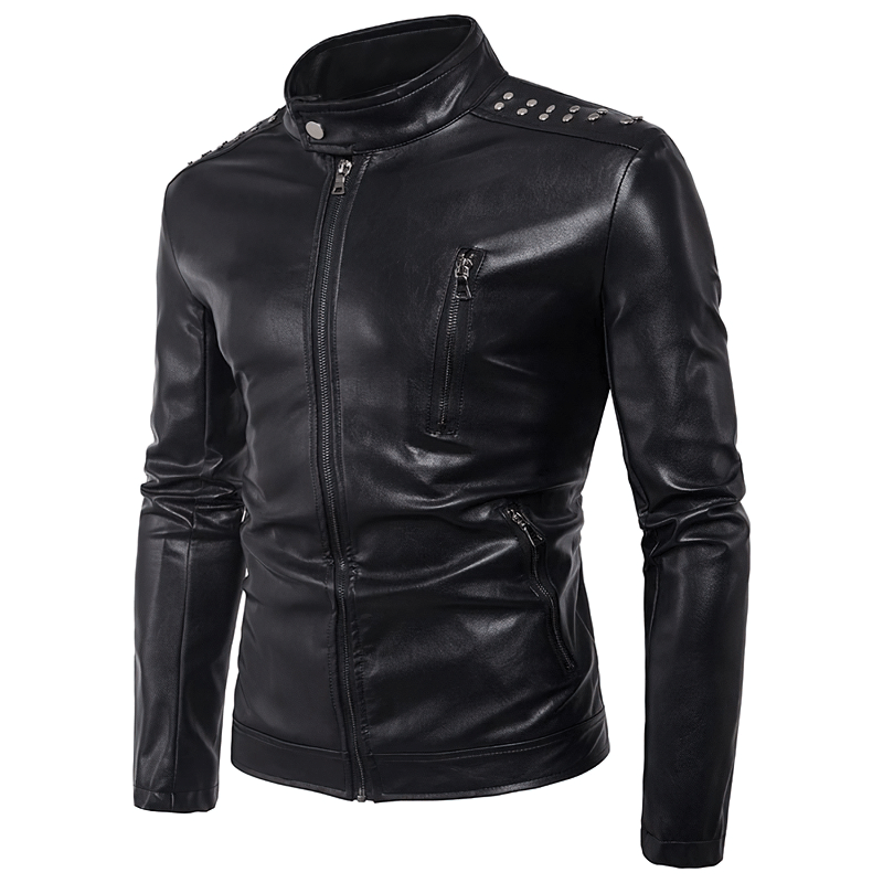 Men's black PU leather biker jacket with rivets and stand collar, perfect for stylish motorcycle riders.