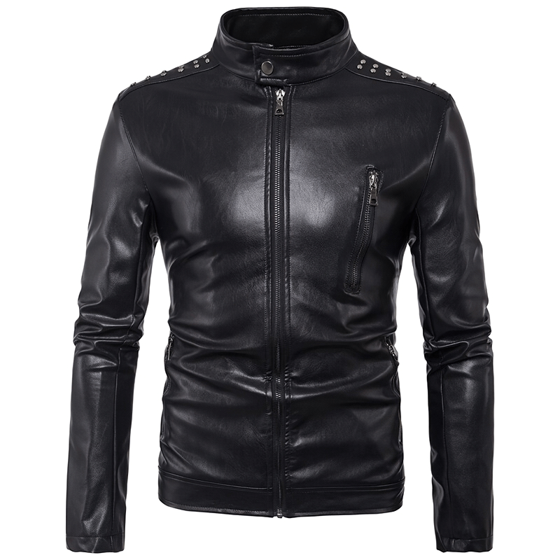 Men's black PU leather biker jacket with rivets, stylish stand collar design and zippers for a trendy look.