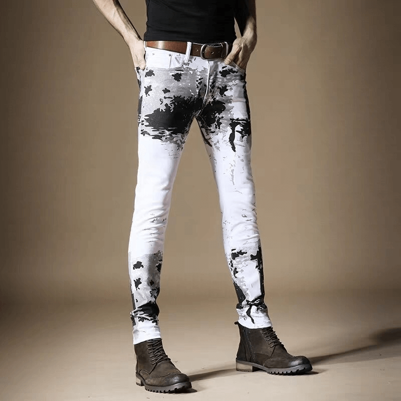 Men's Contrast Color Zipper Casual Trousers / Male Printed Skinny White Jeans