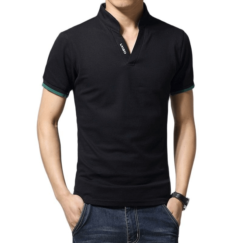 Men's black cotton polo shirt with stylish cut and green details perfect for casual outfits.
