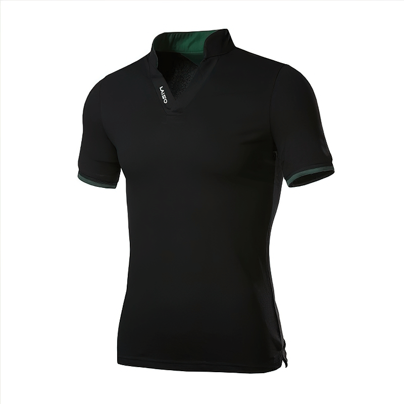 Men's black cotton polo shirt with V-neck and stylish cut, ideal for casual outfits and comfort.