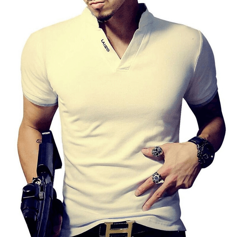 Men's white cotton polo shirt with stylish cut, showcasing casual fashion and trendy accessories.
