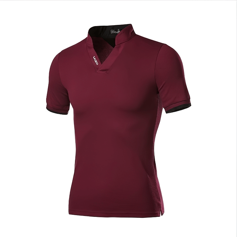 Burgundy men's cotton polo shirt with stylish V-neck and short sleeves for casual wear.