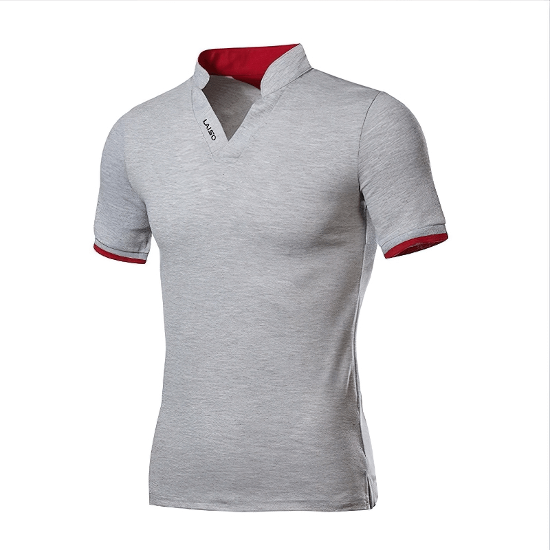Stylish men's gray cotton polo shirt with red collar, perfect for casual outfits and everyday wear.