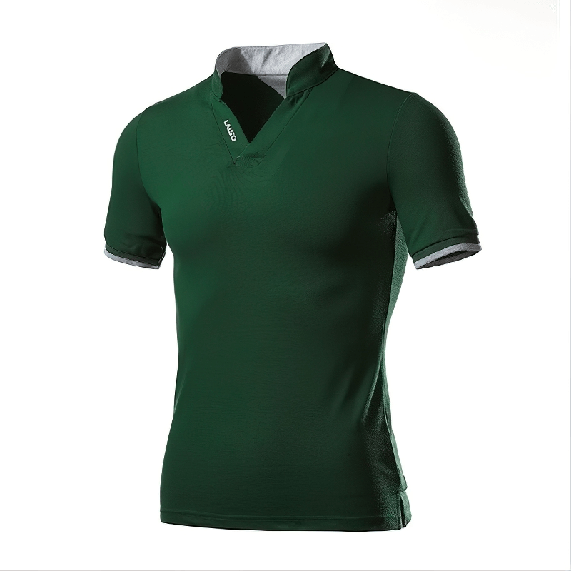 Men's cotton polo shirt in green with stylish V-neck and slim fit design, perfect for casual outfits.