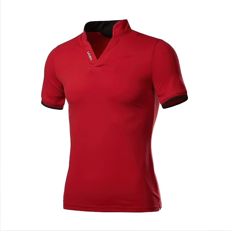 Men's slim fit red cotton polo shirt with V-neck, perfect for casual style and trendy outfits.