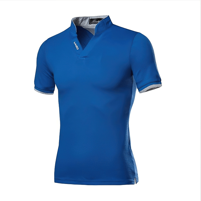 Men's stylish blue cotton polo shirt with slim fit, perfect for casual outfits and everyday wear.