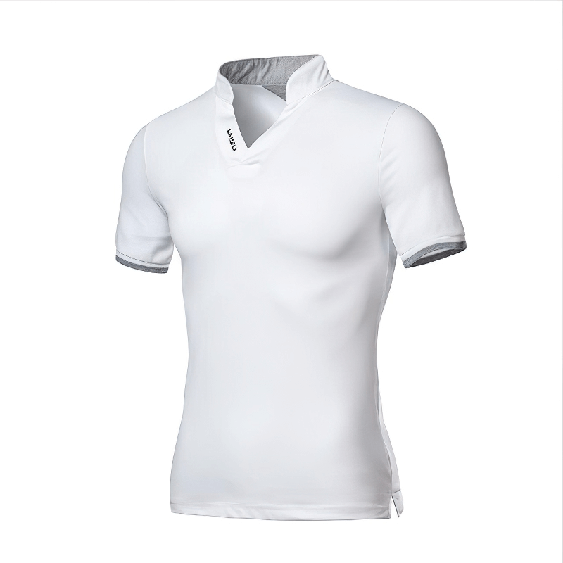 Men's white cotton short sleeve polo shirt with stylish V-neck and gray accents, perfect for casual wear.