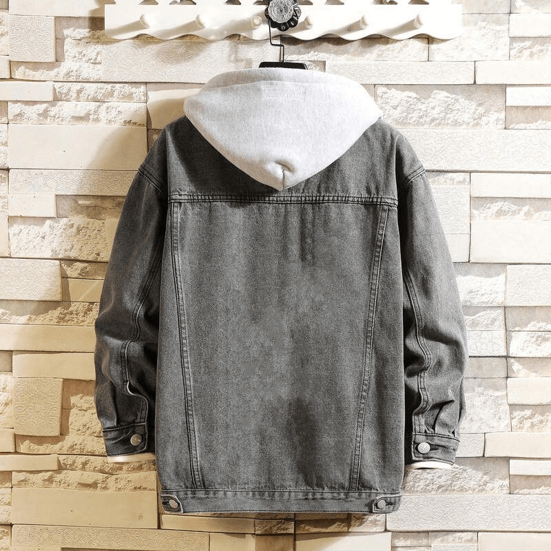 Men's denim jacket with detachable hood, back view, stylish solid color streetwear for casual fashion.