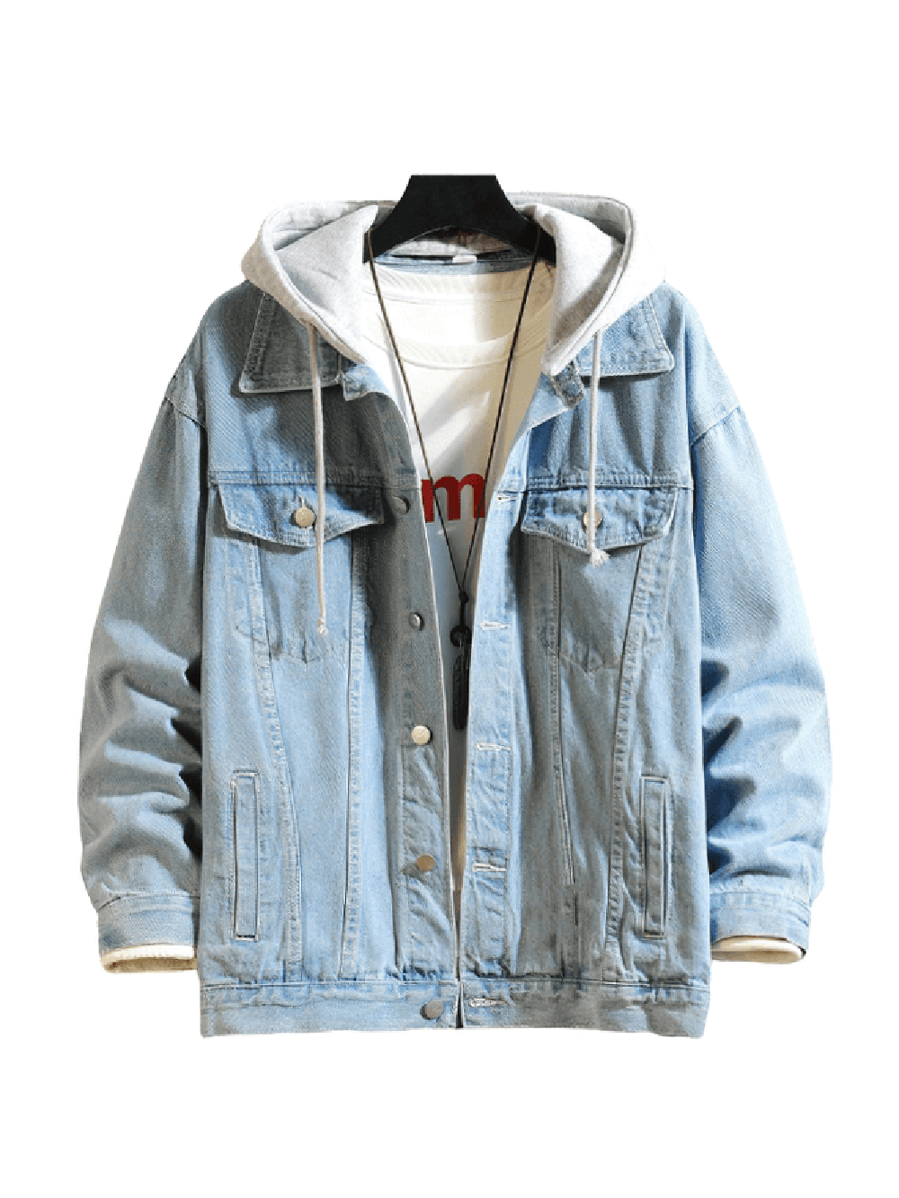 Men's denim jacket with detachable hood, casual style, in light blue, perfect for streetwear outfits.