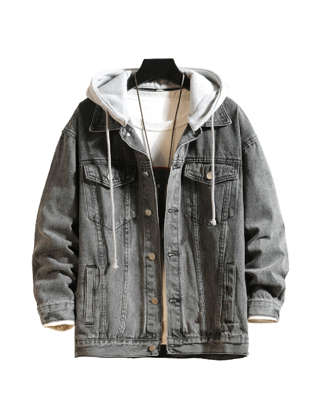 Men's denim jacket with detachable hood in stylish gray for trendy streetwear. Ideal for casual outings.