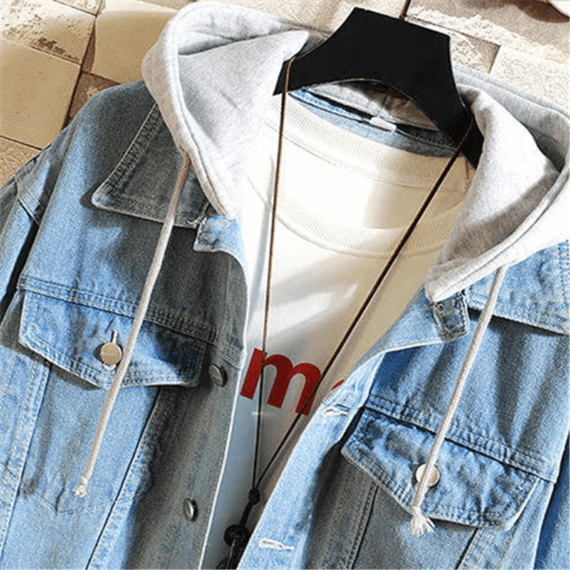 Men's denim jacket with detachable hood, casual style, featuring quality fabric and trendy design, perfect for streetwear.