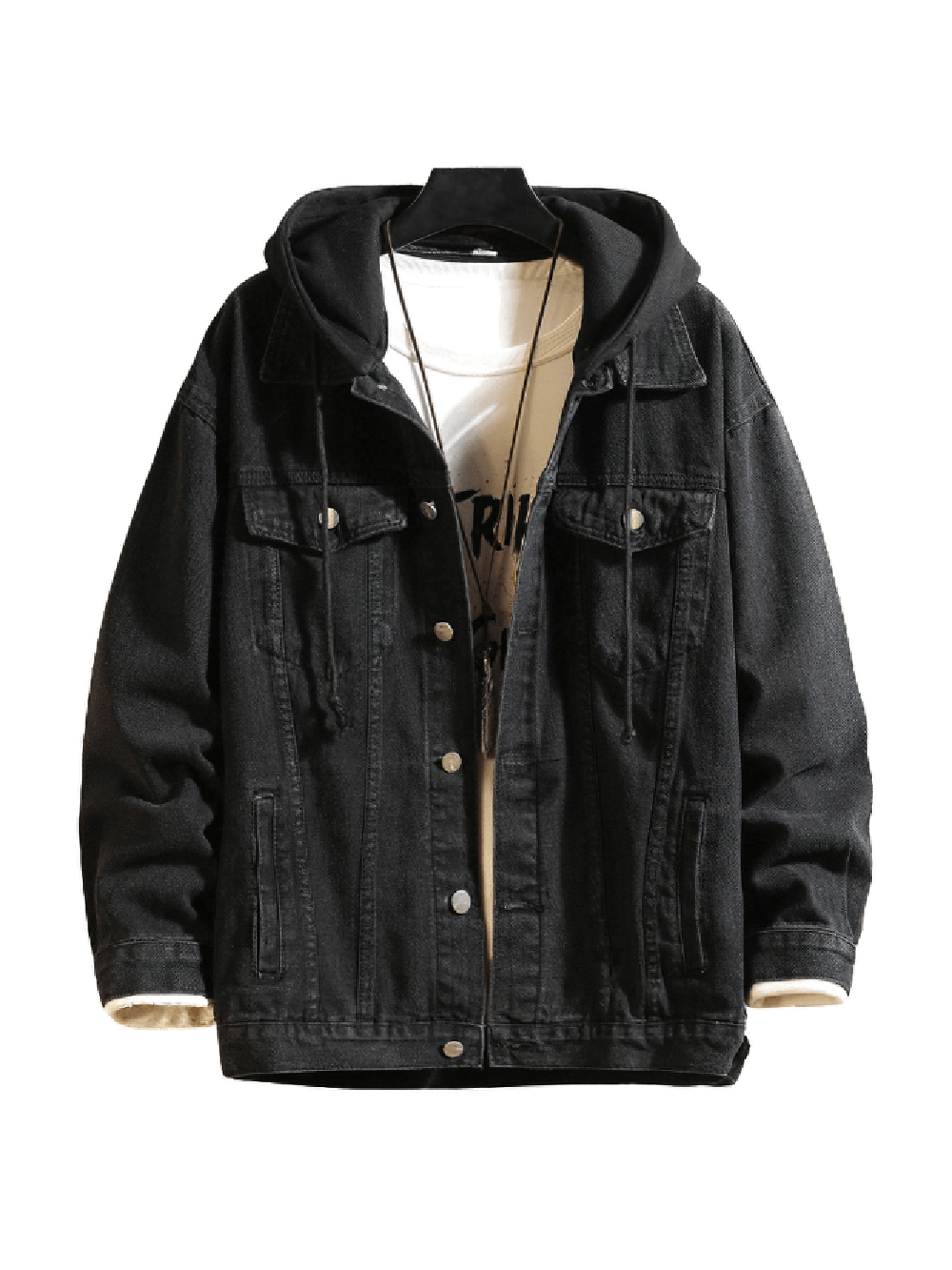 Men's black denim jacket with detachable hood, styled for casual streetwear fashion, showcasing trendy comfort.