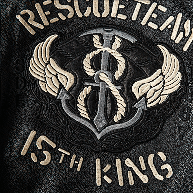 Rescue Team 15th King patch with an anchor and wings, embroidered on genuine leather jacket.
