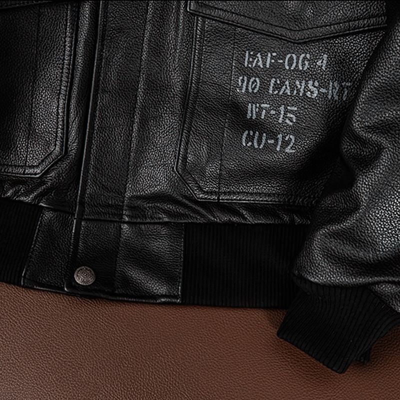 Close-up of men's genuine leather motorcycle jacket showcasing big pockets and stylish embroidery.