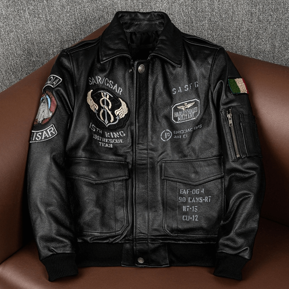 Men’s Embroidery Motorcycle Jackets with Big Pockets / Zippers Genuine Leather Jackets