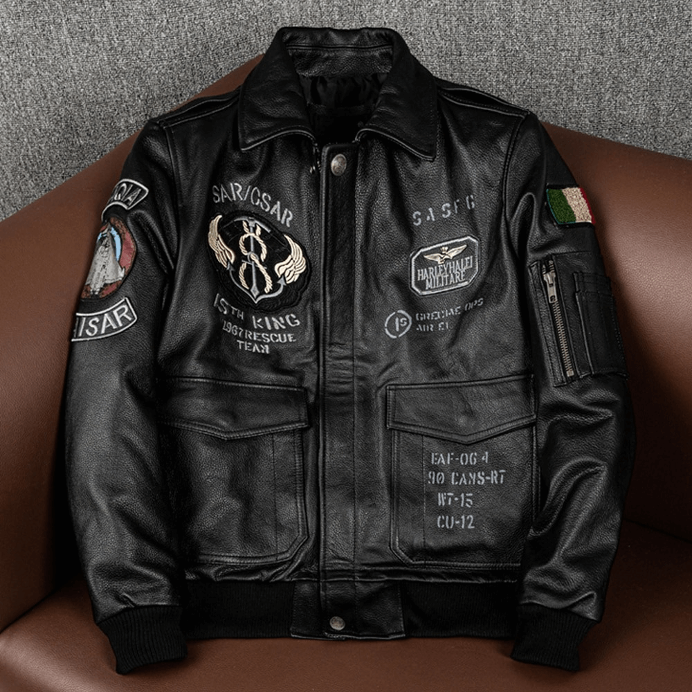 Men's black genuine leather motorcycle jacket with patches and big pockets, perfect for stylish bikers.
