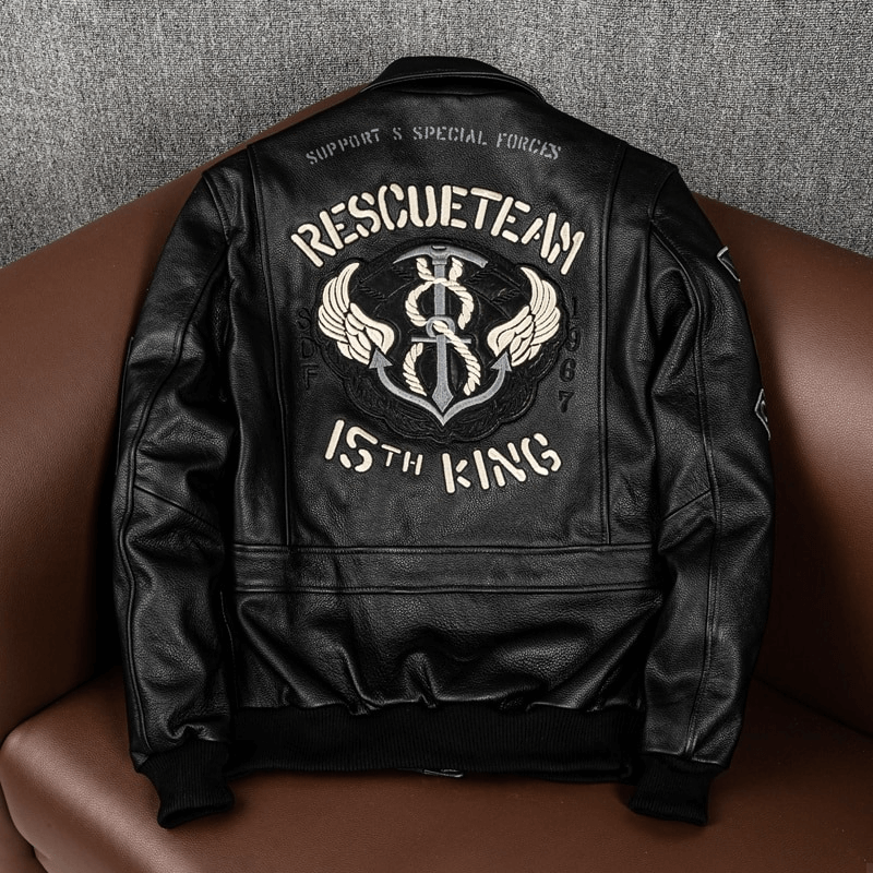 Men's black leather motorcycle jacket featuring Rescue Team embroidery and big pockets for style and functionality.