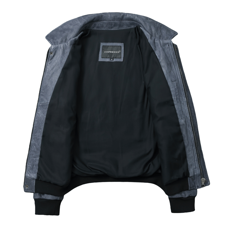 Interior view of a men's motorcycle jacket showing high-quality lining and label, designed for comfort and style.