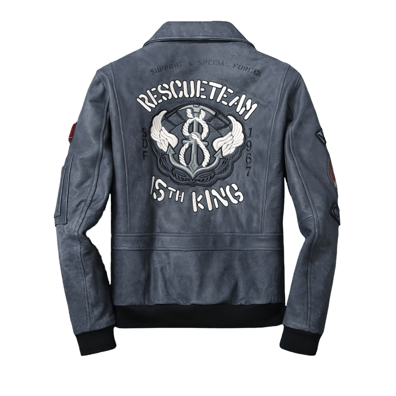 Men's leather motorcycle jacket with embroidered rescue team design and big pockets, perfect for stylish rides.