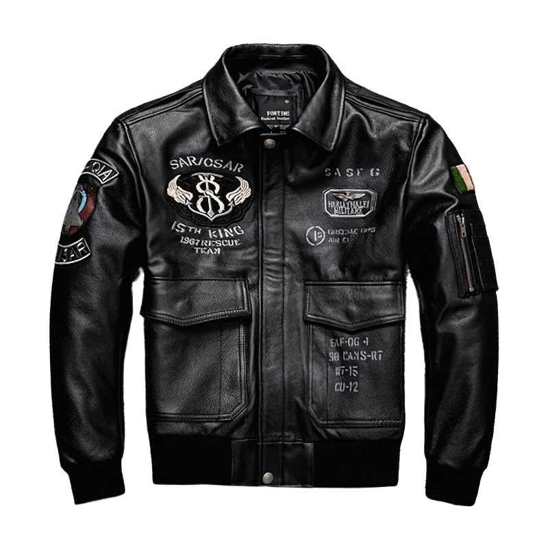 Men's genuine leather motorcycle jacket featuring big pockets and stylish embroidery details.