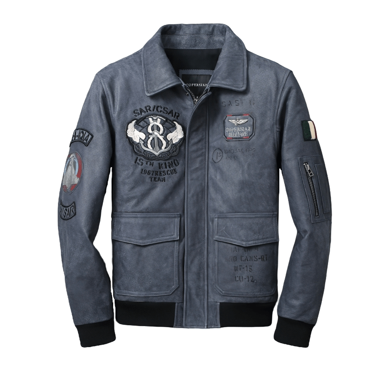 Men's motorcycle jacket in gray with patches, big pockets, and zippers, made from genuine leather for style and comfort.