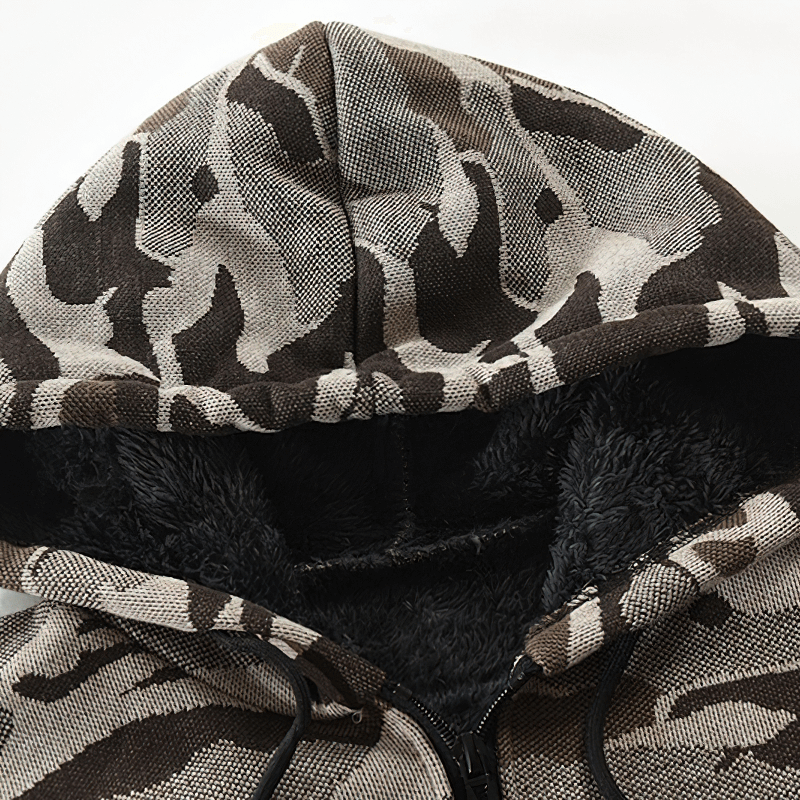 Men's fleece hooded cardigan sweater showcasing a stylish camouflage design and soft lining for warmth.