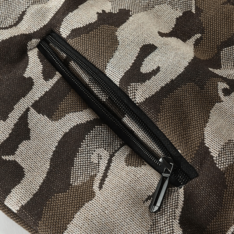 Close-up of the stylish camouflage fabric featuring a zip pocket on the Men's fleece hooded cardigan sweater.