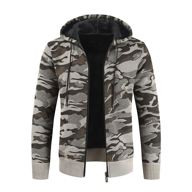 Men's fleece hooded cardigan sweater in camouflage design, perfect for casual outfits and added warmth.