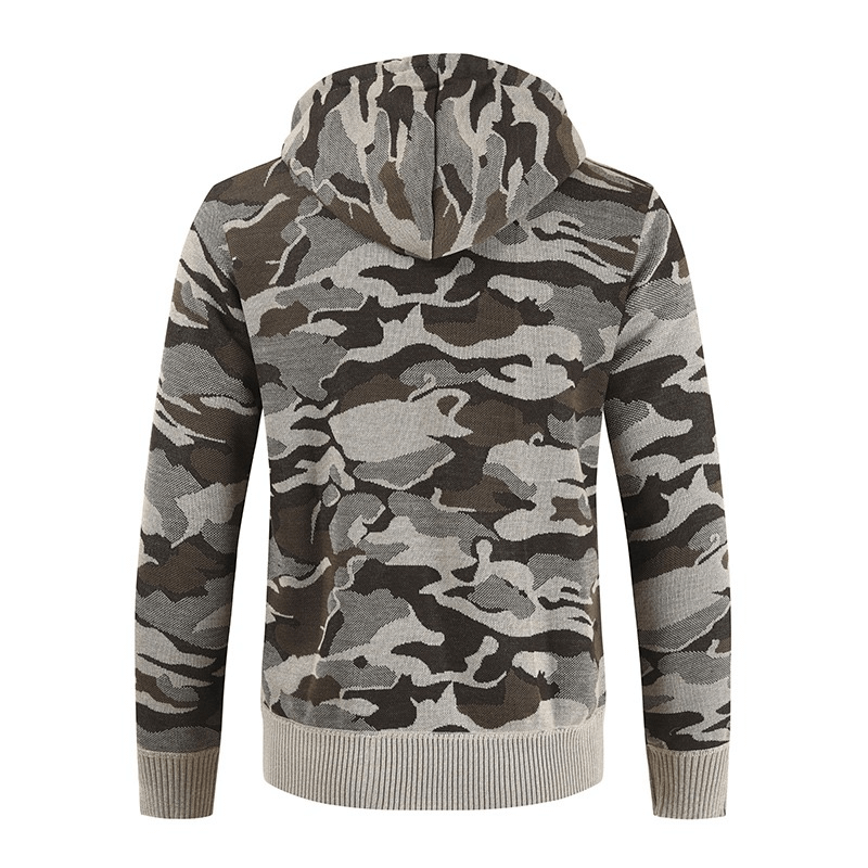 Men's hooded cardigan sweater in camouflage design, perfect for casual outfits and staying warm.