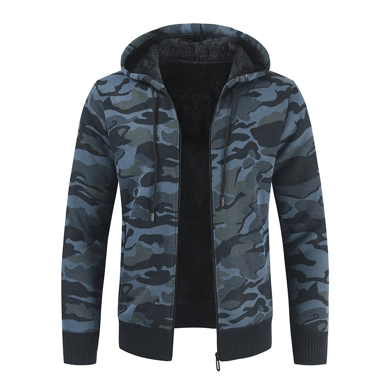 Men's fleece hooded cardigan sweater in camouflage design, perfect for casual outfits and warmth.