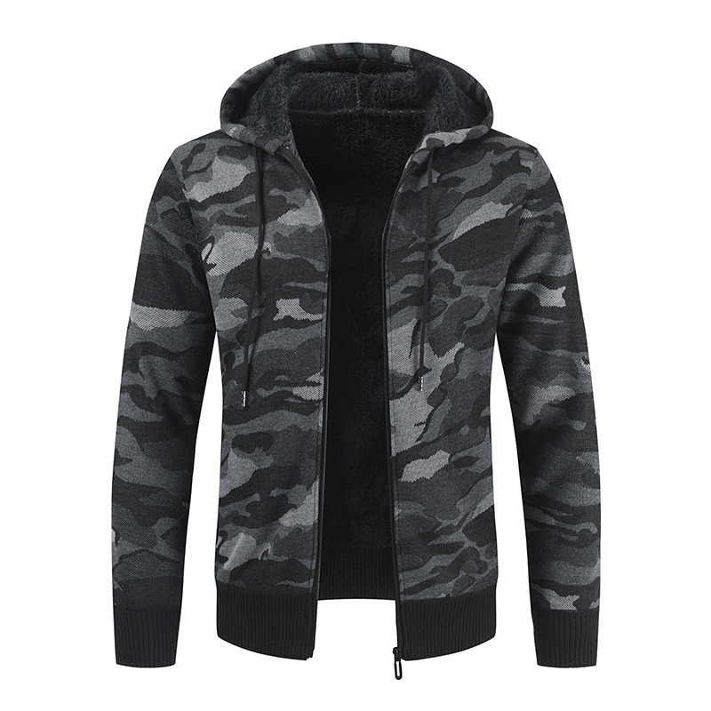 Men's hooded cardigan sweater in stylish camouflage design, perfect for casual outfits in cold weather.