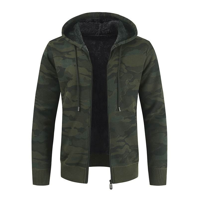 Men's fleece hooded cardigan sweater in camouflage design, perfect for casual outfits and warm styling.
