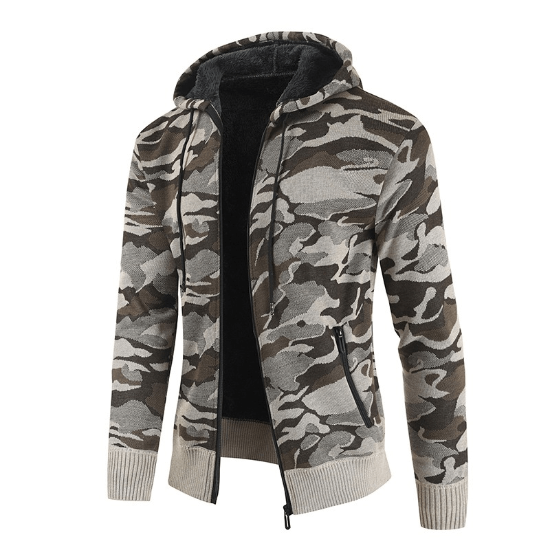 Men's hooded cardigan sweater in camouflage design, perfect for casual outfits and staying warm.