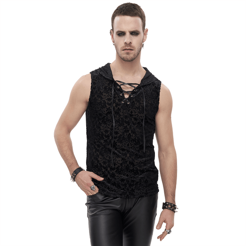 Herren-Tanktop mit Blumenmuster und Kapuze / schwarzes Gothic-Tanktop mit Nieten und Schnürung auf der Brust