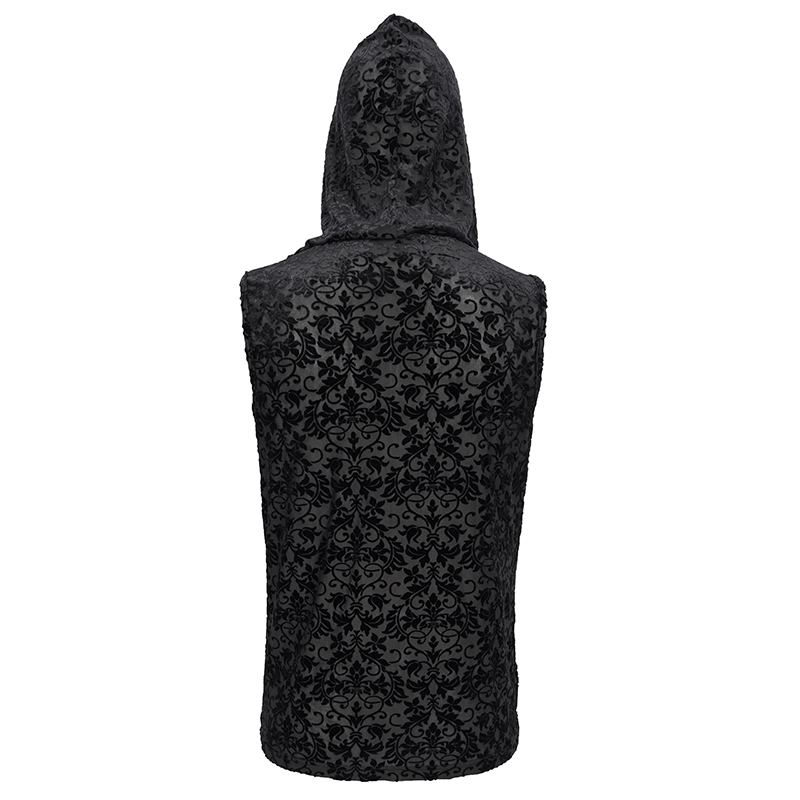 Men's Floral Printed Tank Top with Hood / Gothic Black Tank Tops With Studded and String on Chest