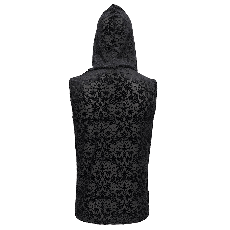 Men's Gothic floral printed tank top with hood, showcasing a stylish black design perfect for edgy fashion.