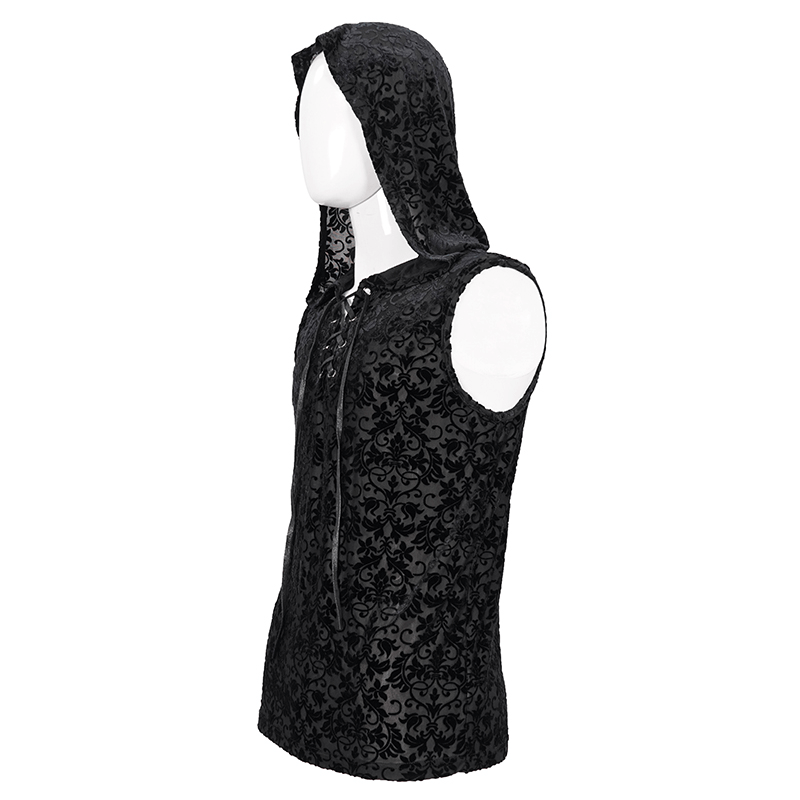 Men's floral printed gothic tank top with hood, black design featuring stylish floral patterns.